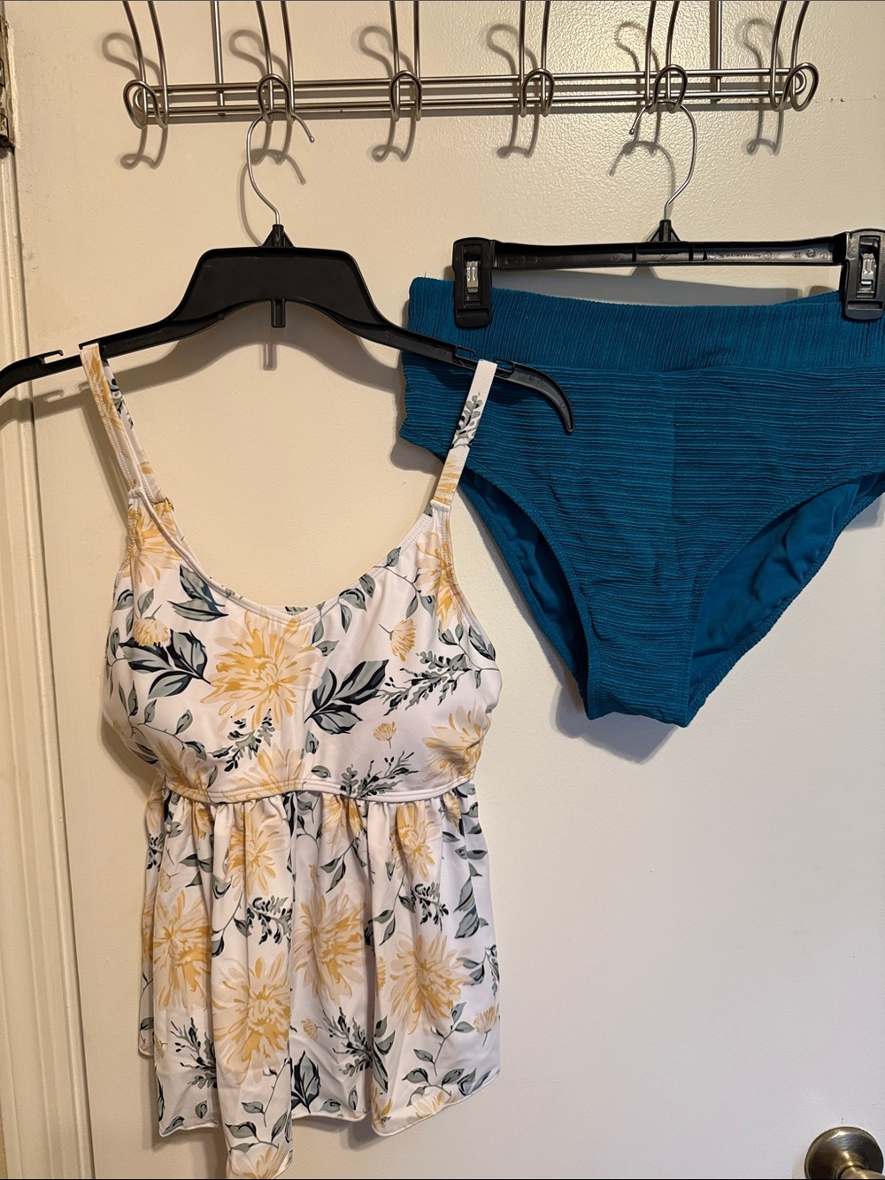 Floral Yellow & White Tankini Top with Teal High-Waist Bottom